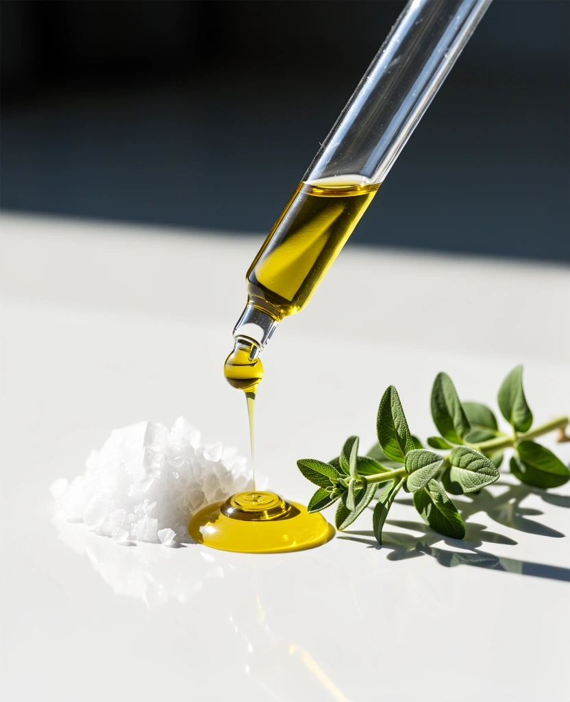 Φρέσκο ελαιόλαδο και βότανα σε εργαστηριακό περιβάλλον